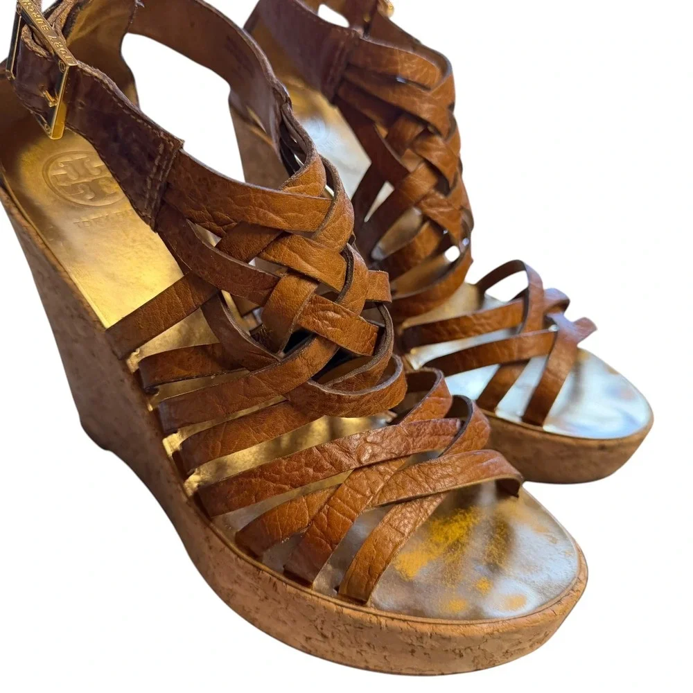 Tory Burch Tan Leather Woven Strappy Cork Wedge Sandals Gold Insole Size 7M